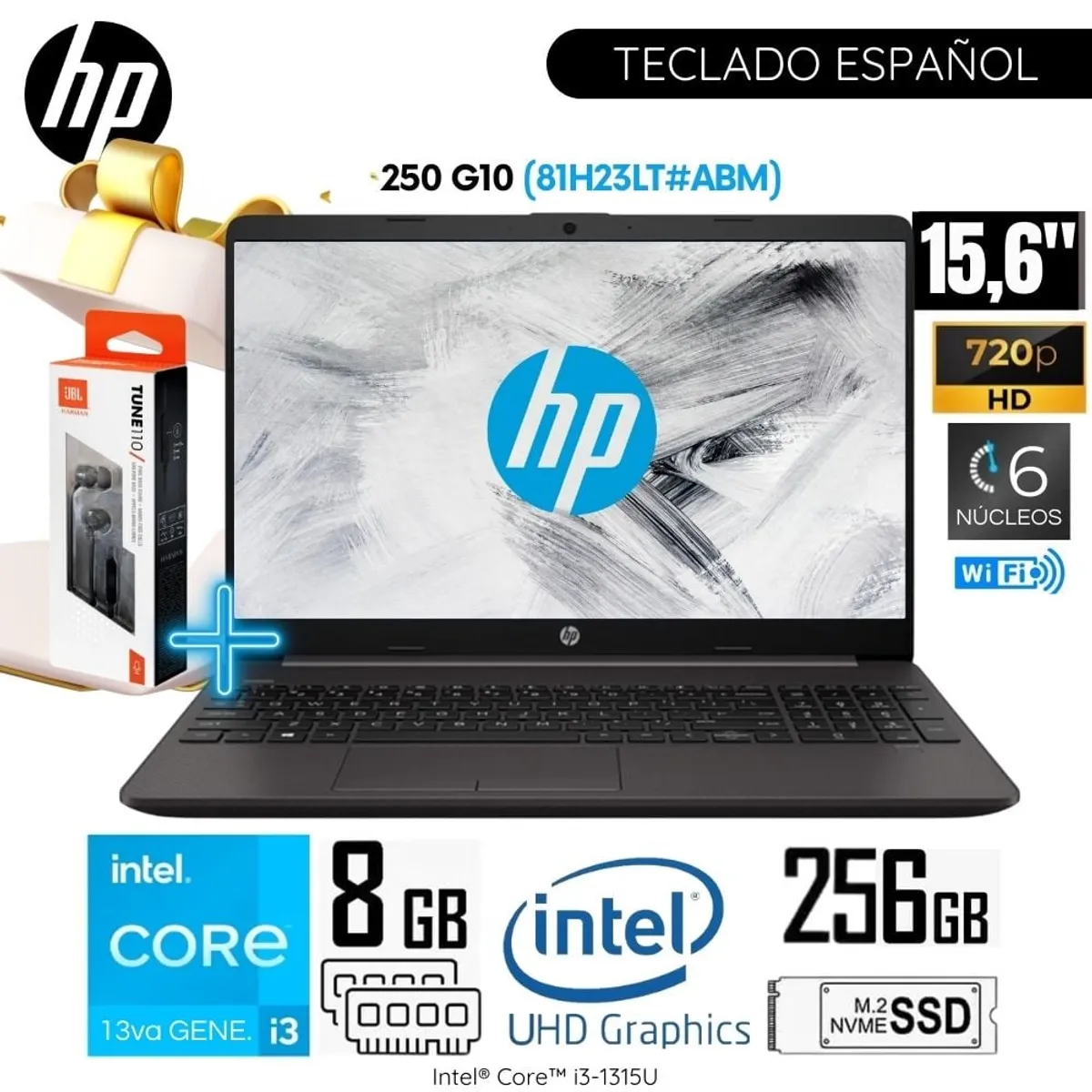 HP - Laptop HP 250 G10 Intel Core i3-1315U 8GB RAM 256GB SSD 15.6 Pulg. HD (81H23LT#ABM)
