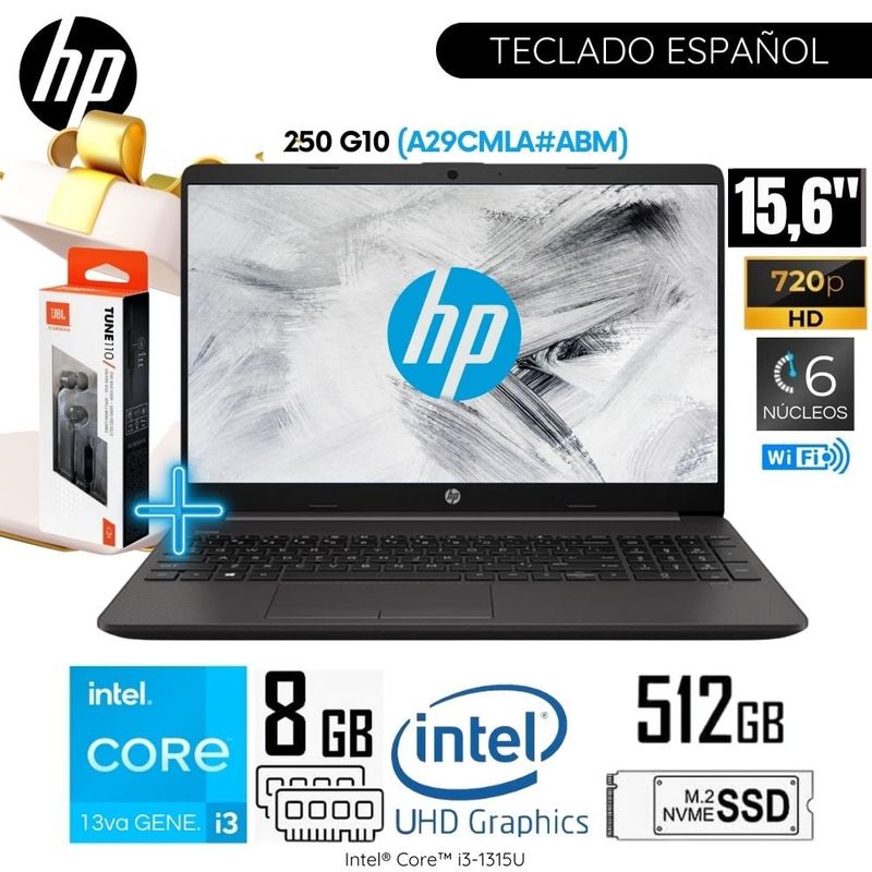HP - Laptop HP 250 G10 Intel Core i3-1315U 8GB RAM 512GB SSD 15.6 Pulg. HD (A29CMLA#ABM) - Plateado