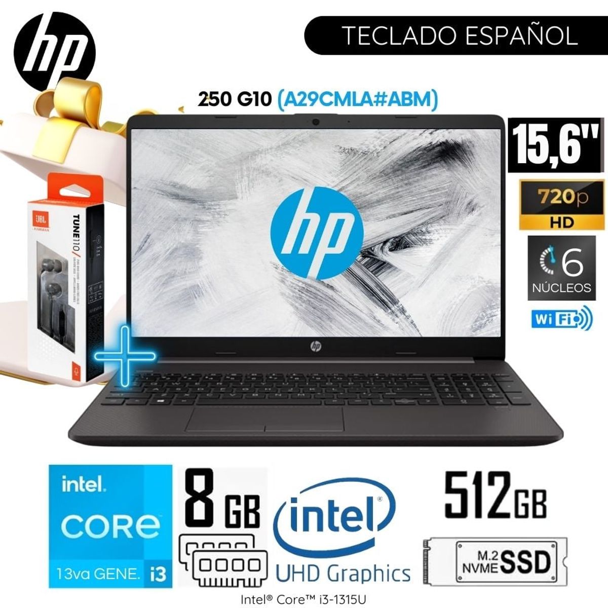 HP - Laptop HP 250 G10 Intel Core i3-1315U 8GB RAM 512GB SSD 15.6 Pulg. HD (A29CMLA#ABM) - Plateado