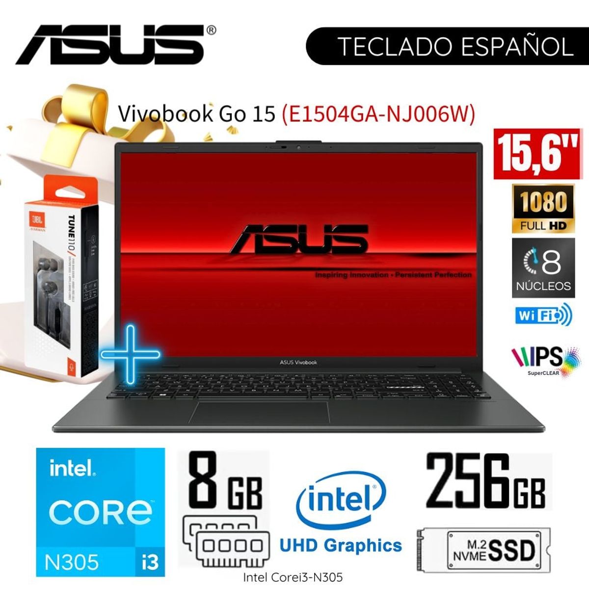 ASUS - Laptop Asus Vivobook Go 15 E1504GA-NJ006W 15.6" FHD Intel Corei3-N305 8GB RAM 256GB -Mixed Black