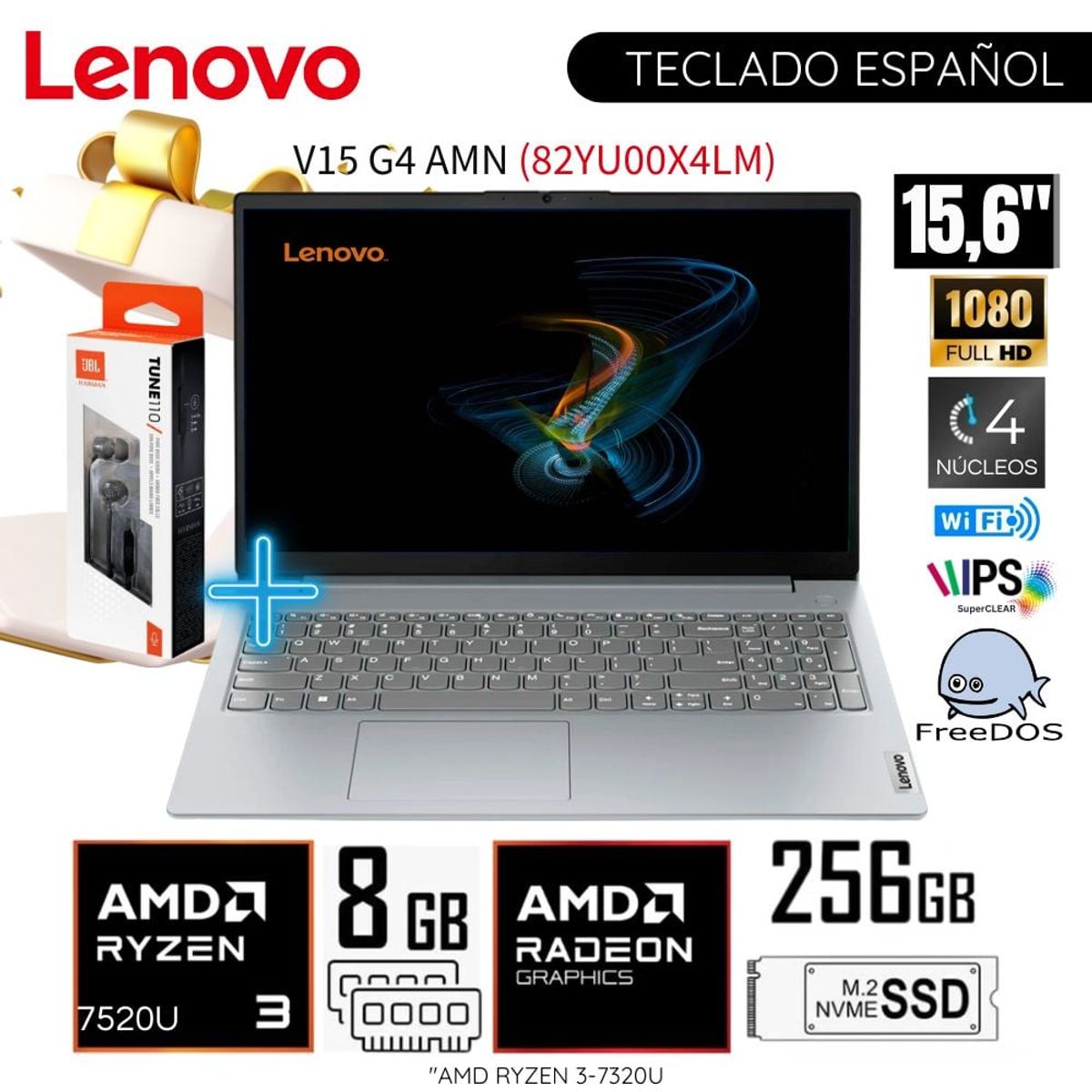 LENOVO - Laptop Lenovo V15 G4 AMN AMD Ryzen 3 7320U 8GB RAM 256GB SSD 15.6" FHD 82YU00X4LM - Arctic Grey