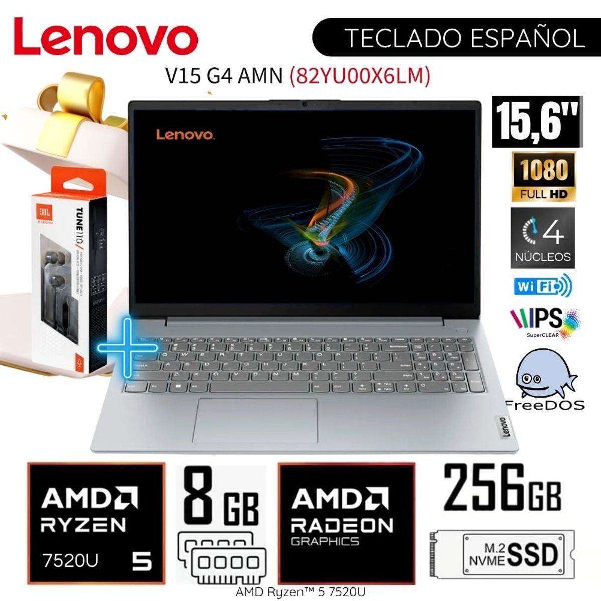 LENOVO - Laptop Lenovo V15 G4 AMN AMD Ryzen 5-7520U 8GB RAM 256GB SSD 15.6"  FHD 82YU00X6LM