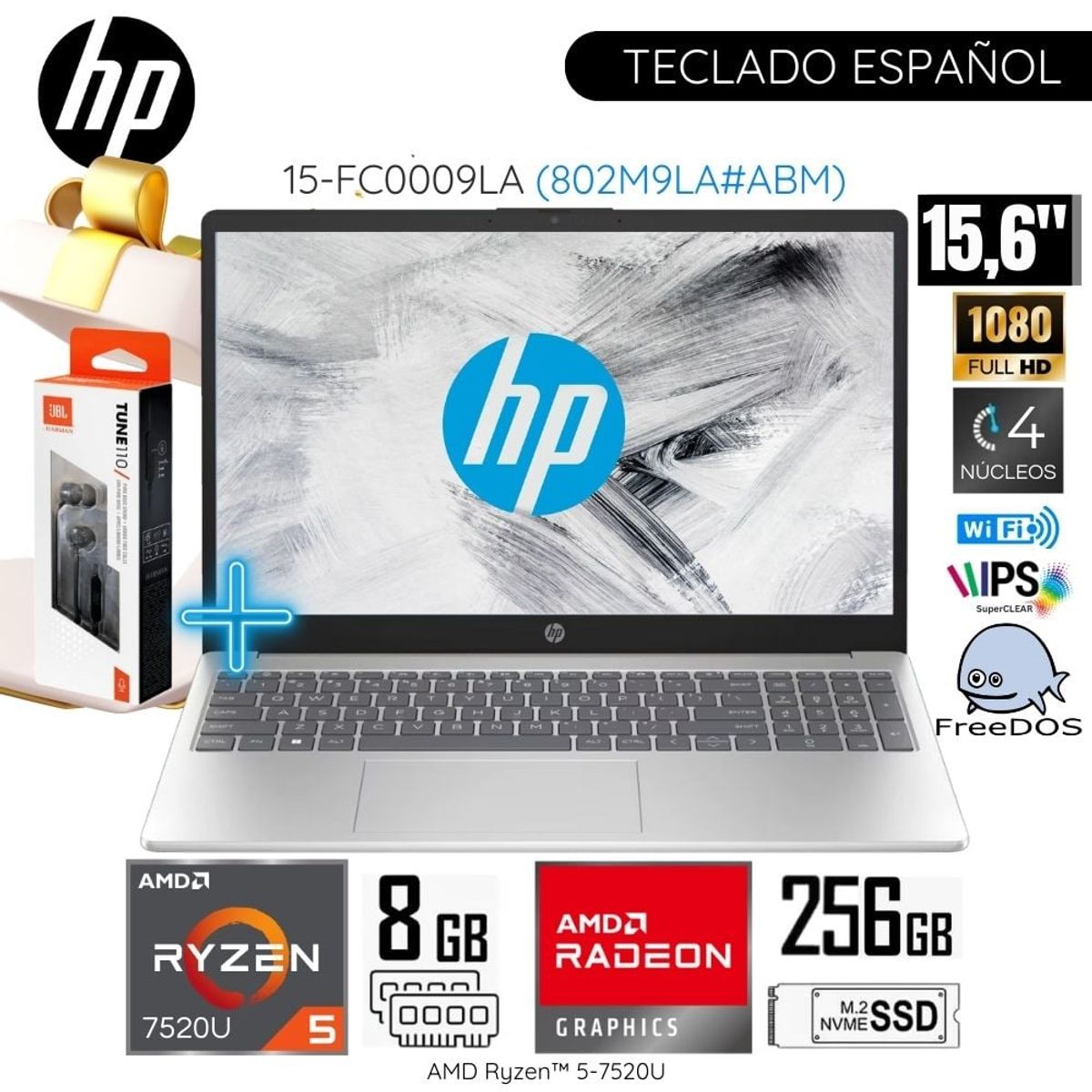 HP - Laptop HP 15-FC0009LA AMD Ryzen 5-7520U 8GB RAM 256GB SSD 15.6"   FHD - Silver