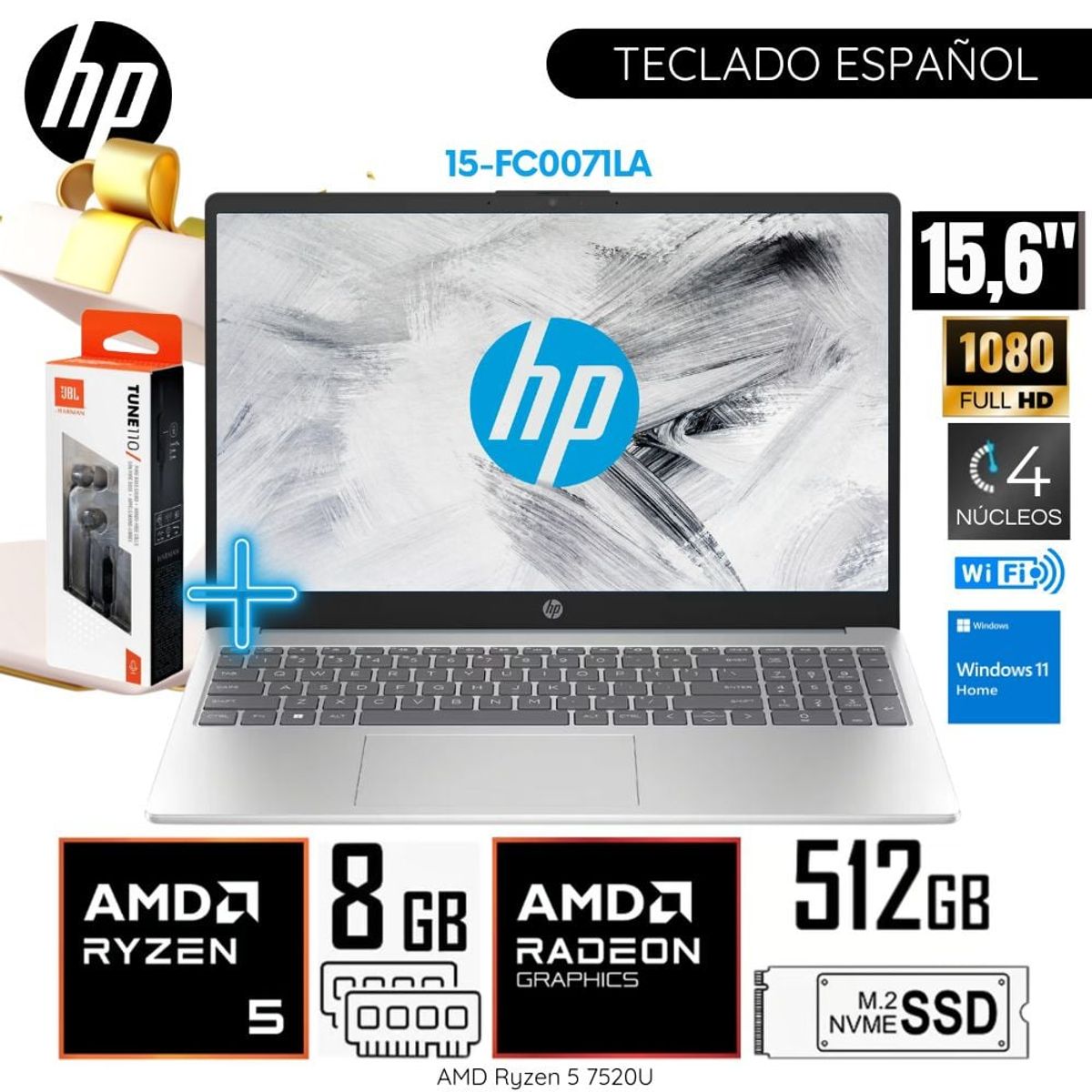 HP - Laptop HP 15-FC0071LA AMD Ryzen 5 7520U 8GB DDR5 RAM 512GB SSD 15.6" FHD WIND 11