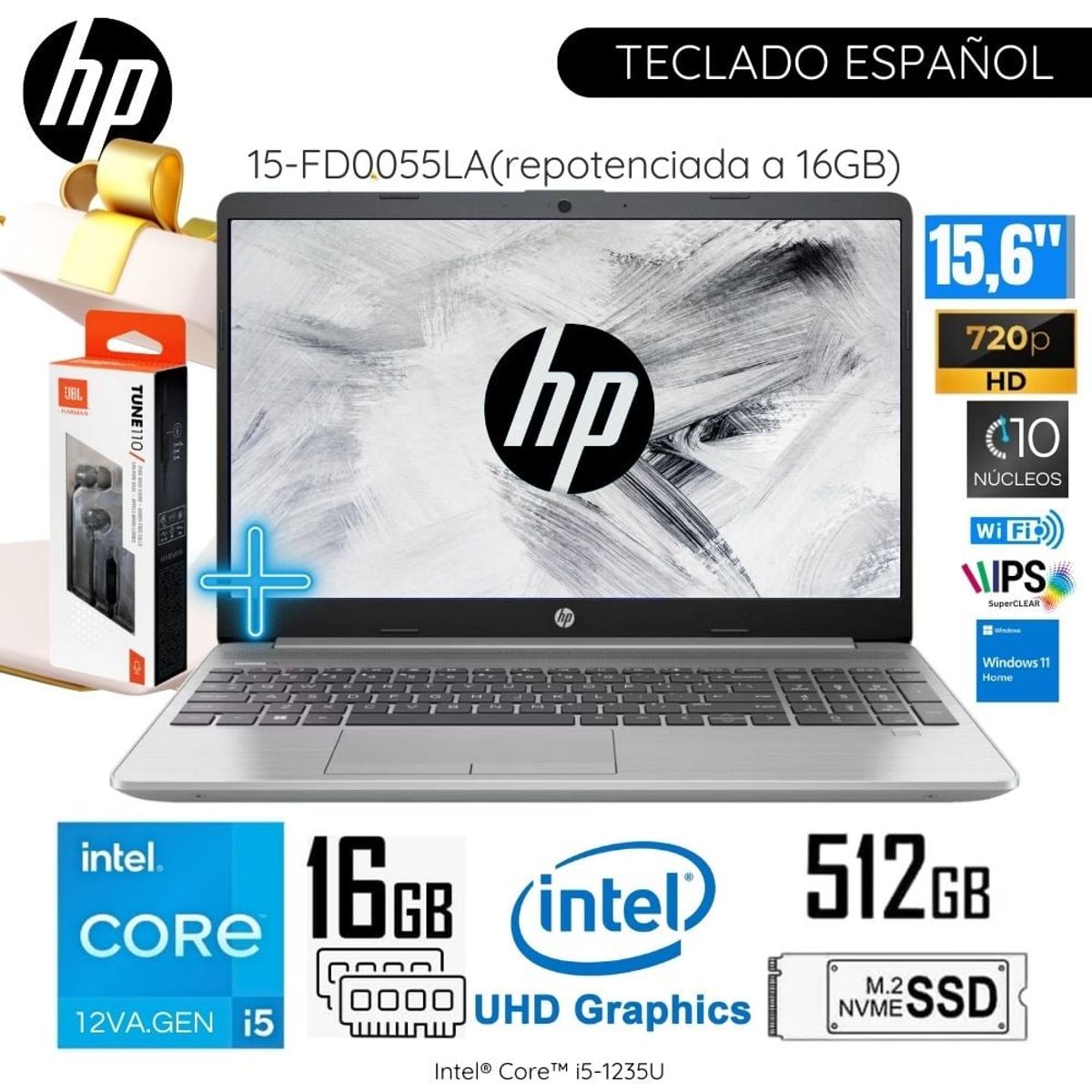 HP - Laptop HP 15-FD0055LA Intel Corei5-1235U 16GB RAM 512GB SSD 15:6"   HD WIN11 - Plateado
