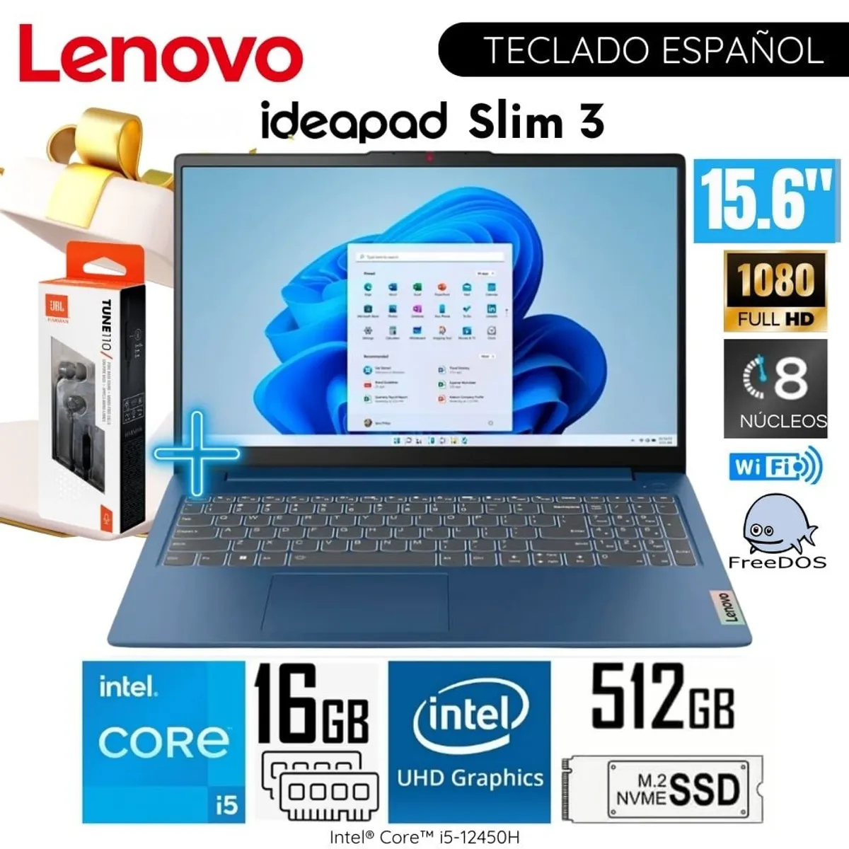 LENOVO - Laptop Lenovo IdeaPad Slim 3 15IAH8 Intel Core i5-12450H 16GB RAM 512GB SSD 15.6” FHD - 83ER001DLM