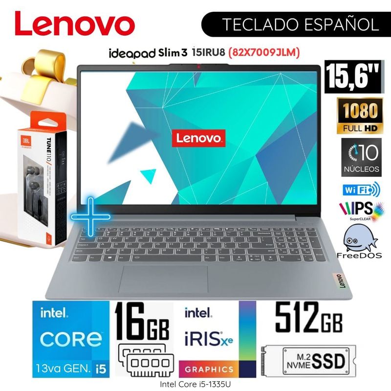 LENOVO - Laptop Lenovo Ideapad Slim 3 15IRU8 Intel Core i5-1335U 16GB RAM 512GB SSD 15.6" FHD - 82X7009JLM