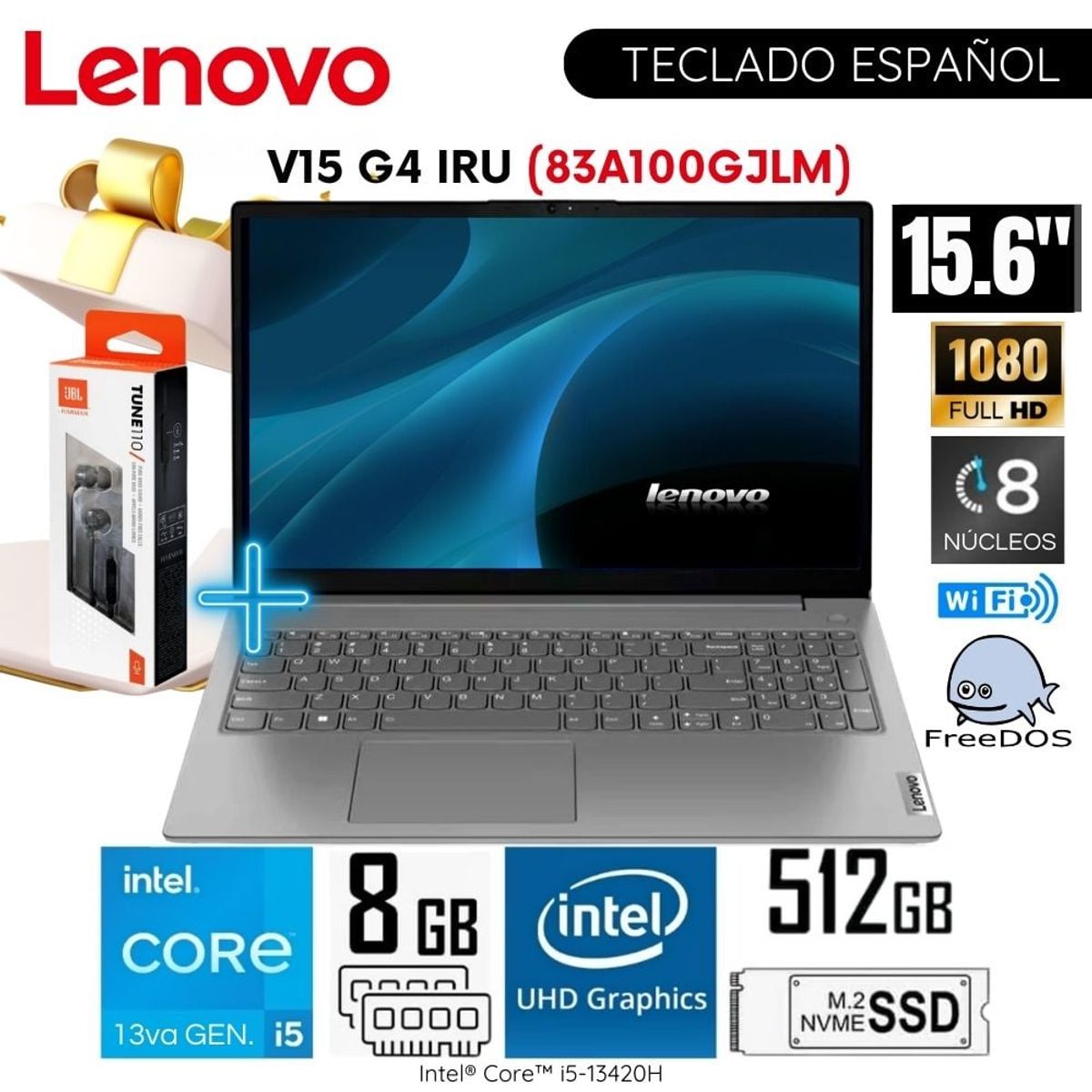 LENOVO - Laptop Lenovo V15 G4 IRU Intel Core i5-13420H 8GB Ram 512GB SSD 156″ FHD 83A100GJLM FreeDOS