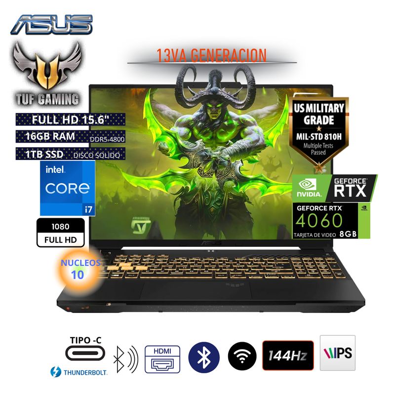 ASUS - Laptop Gamer Asus TUF F15 de 156 Intel Core i7 NVIDIA GeForce RTX 4060 16GB RAM 1TB SSD