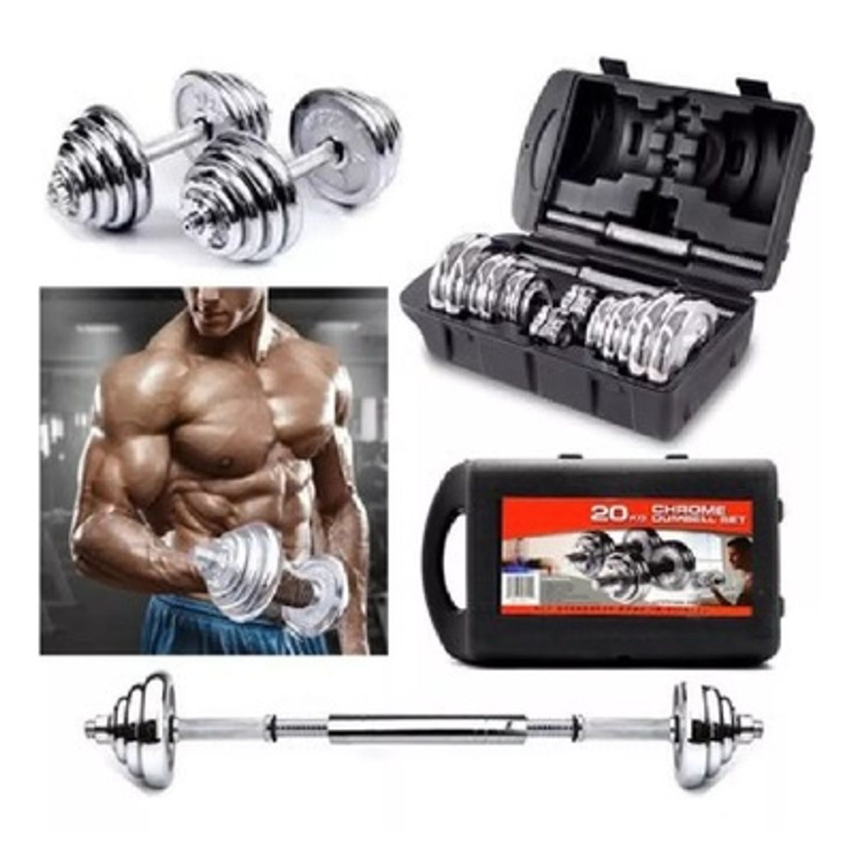 GENERICO - Set De Pesas 20kg + Adaptador Para Barra Recta +2 Mancuernas