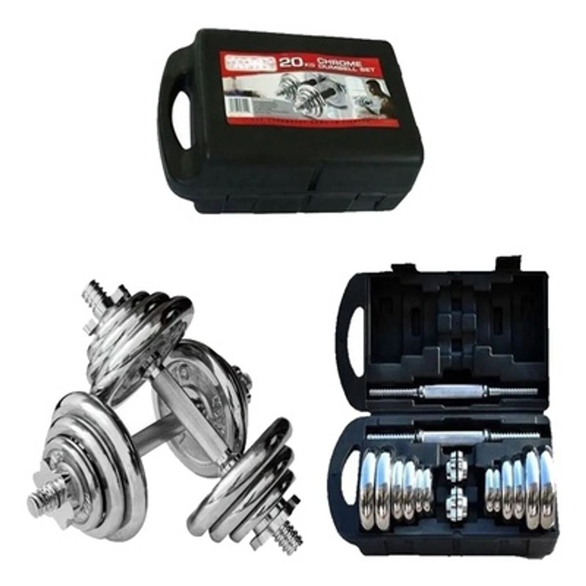 GENERICO - Set De Pesas 20kg + Adaptador Para Barra Recta +2 Mancuernas COLOR CROMADO