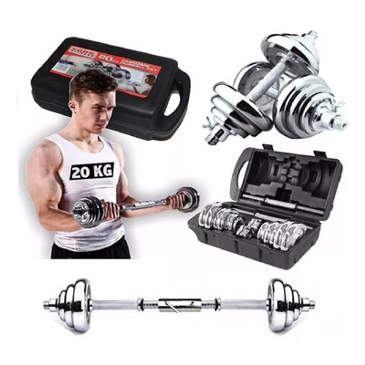 GENERICO - Set De Pesas 20kg + Adaptador Para Barra Recta +2 Mancuernas COLOR CROMADO