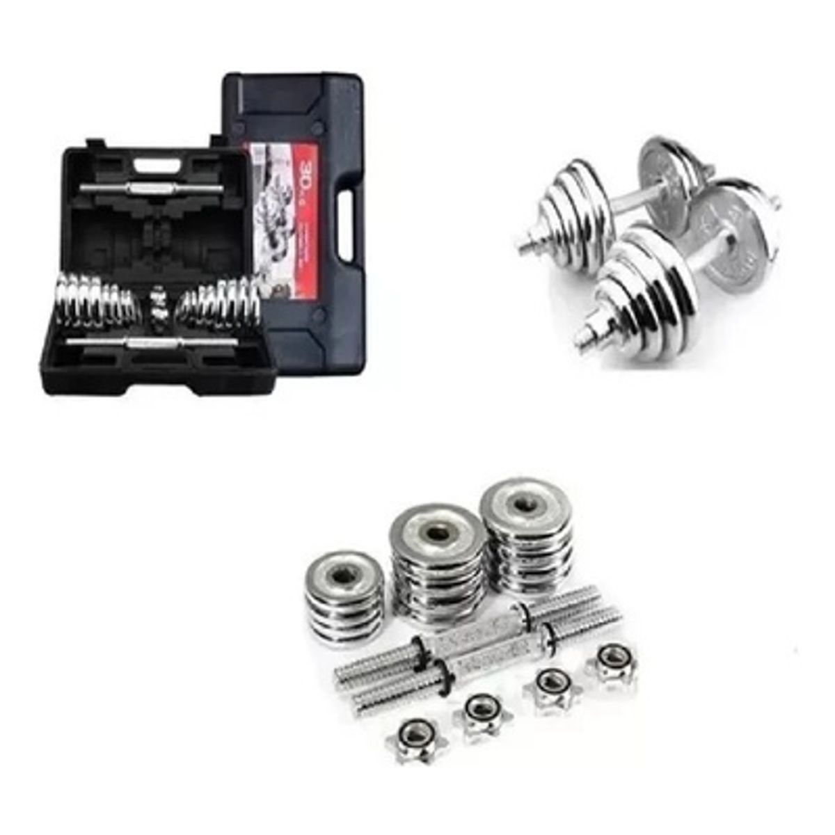 GENERICO - Pesas Cromadas Set 30 Kg Importadas + Mancuernas+ Maletin