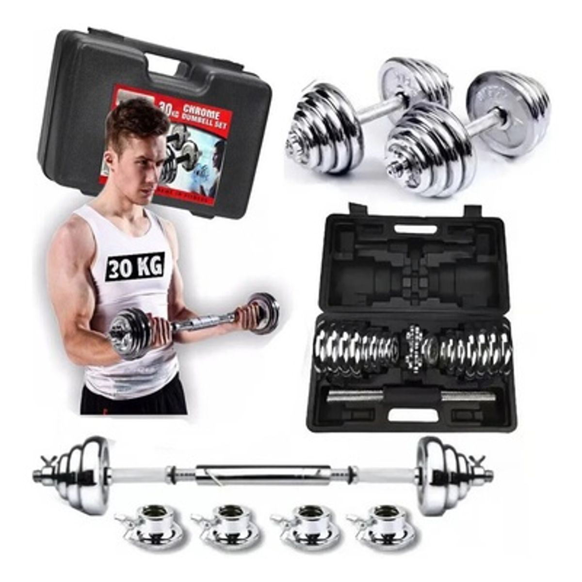 GENERICO - Pesas Cromadas Set 30 Kg Importadas + Mancuernas+ Maletin