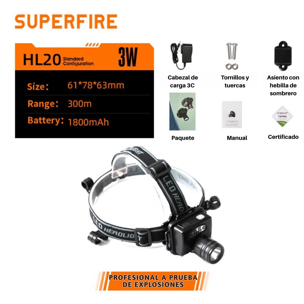OEM - Linterna Recargable Frontal Profesional a Prueba de Explosiones HL20