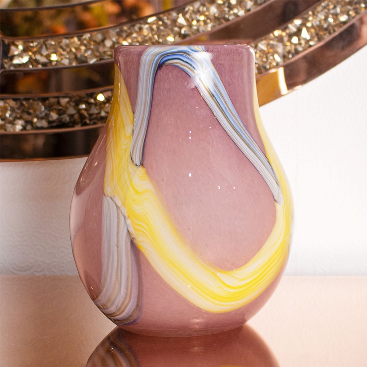 PANADECOR - Florero Panadecor De Vidrio Estilo Murano Rosa Con Arte Abstracto 19Cm