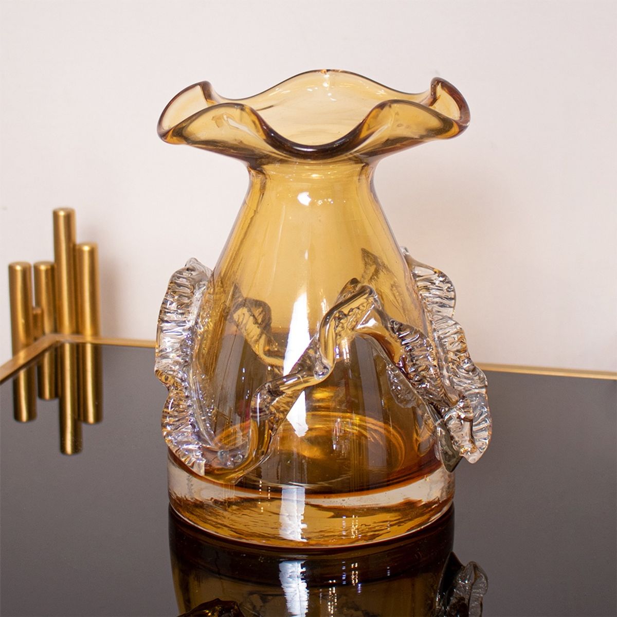 PANADECOR - Florero Panadecor De Vidrio Estilo Murano Ámbar Con Relieve 22Cm