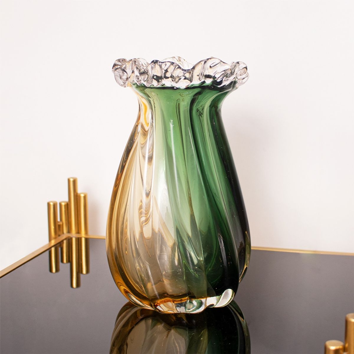 PANADECOR - Florero Panadecor De Vidrio Estilo Murano Verde Y Ámbar 24Cm