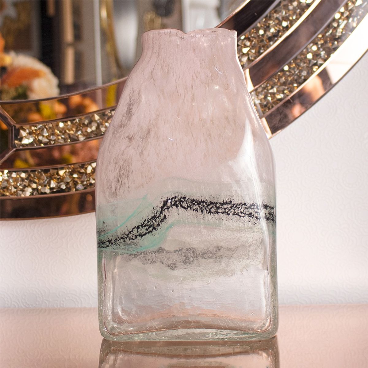 PANADECOR - Florero Panadecor De Vidrio Estilo Murano Rectangular Rosa  Pálido 27Cm