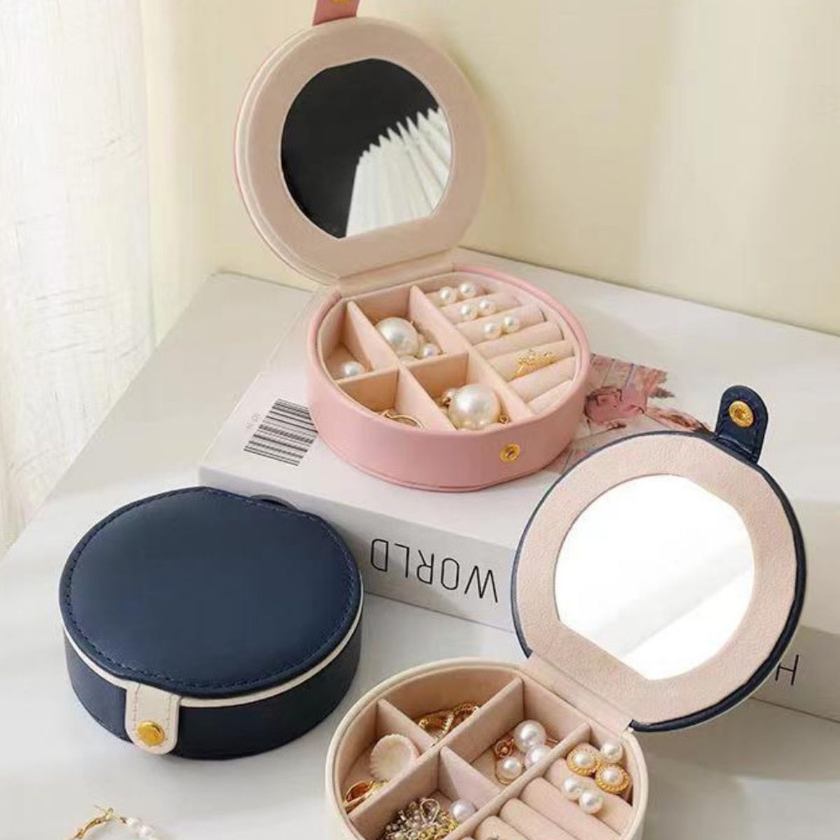 GENERICO - Mini Joyero Cofre Organizador Portatil Multiususos con Espejo Blanco