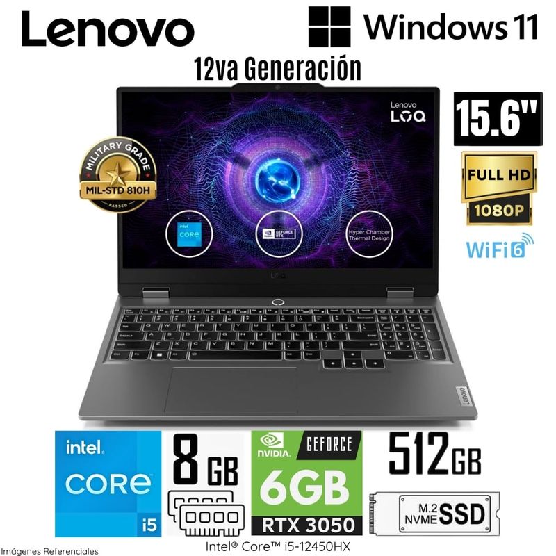 LENOVO - Laptop Lenovo LOQ 15IAX9 Intel Corei5-12450HX 8GB RAM 512GB SSD 15.6"  FHD RTX3050-6GB 83GS000BLM