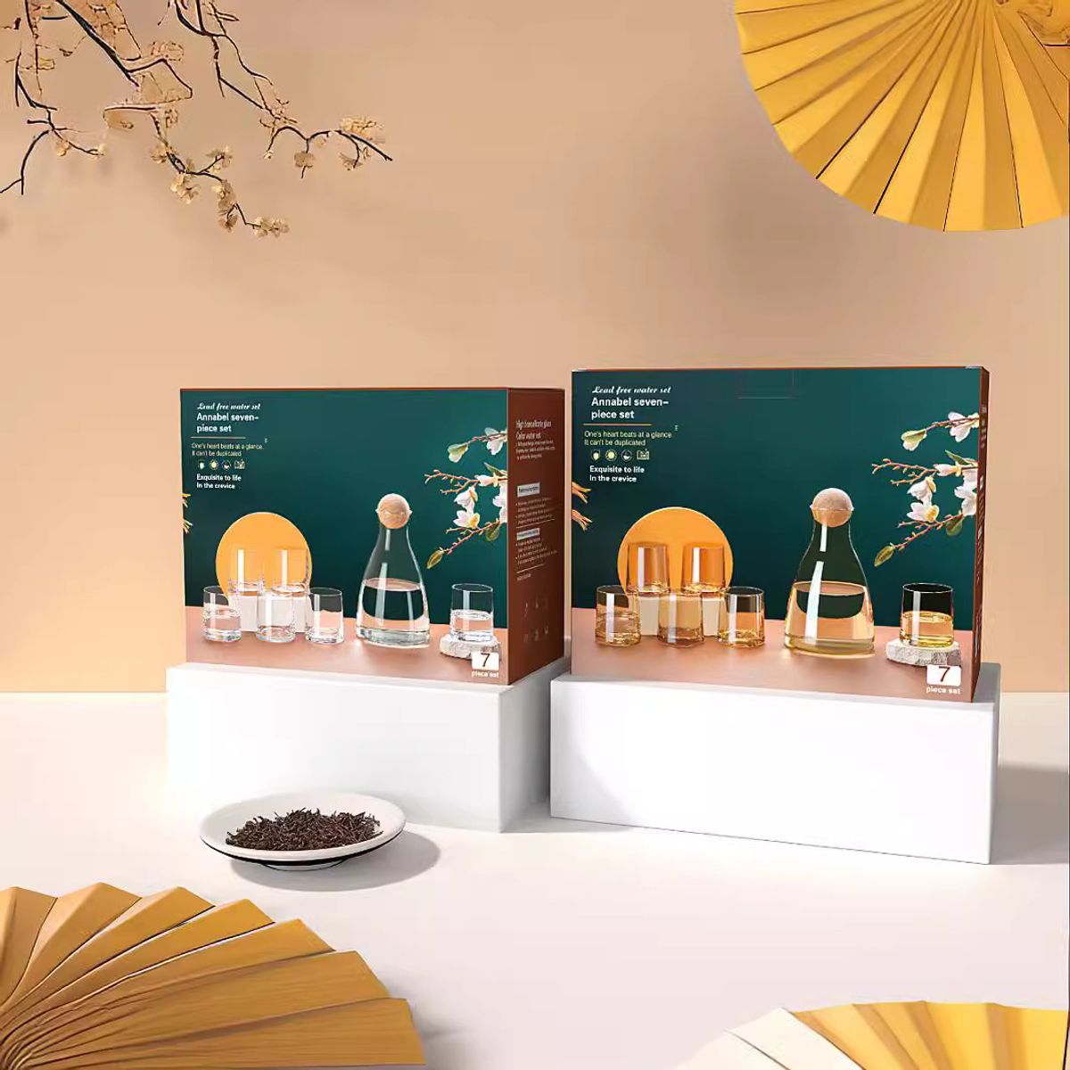 GENERICO - Set 6 vasos + 1 Jarra de vidrio Aesthetic con Tapa de Bambú color Dorado