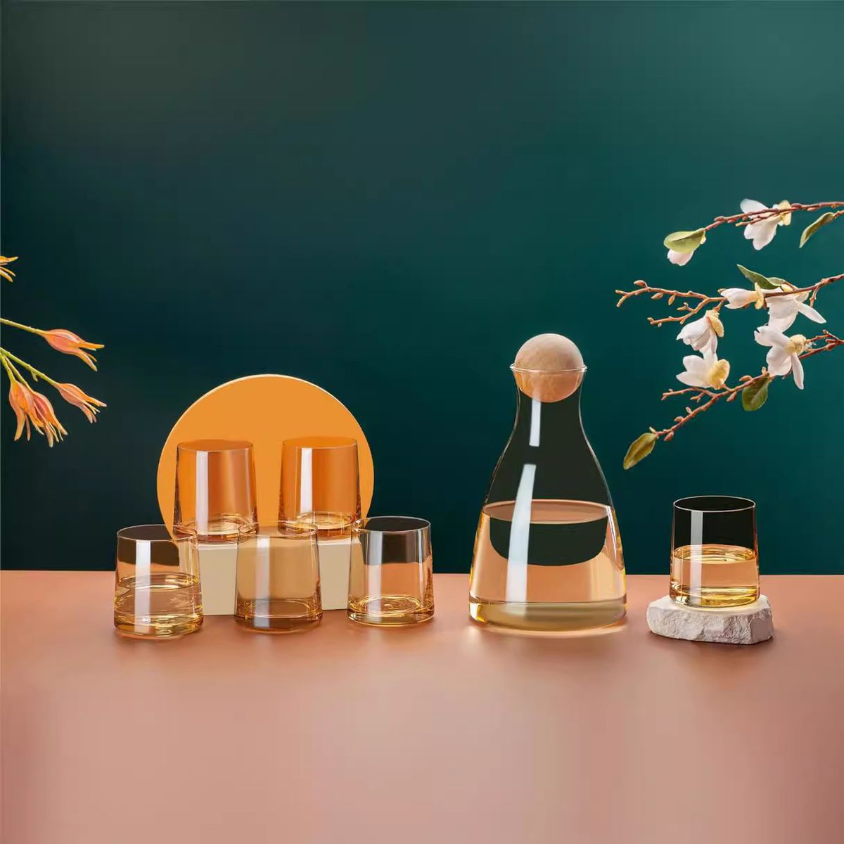 GENERICO - Set 6 vasos + 1 Jarra de vidrio Aesthetic con Tapa de Bambú color Dorado