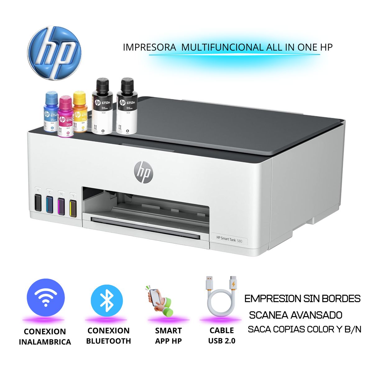 HP - Impresora Todo-en-Uno HP Smart Tank 580 Multifuncional Inalambrico