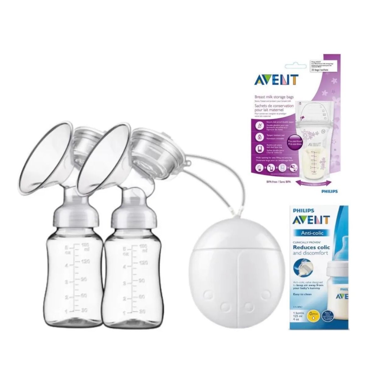 GENERICO - Extractor De Leche Doble + 1 Biberon Avent + 25 Bolsas Avent
