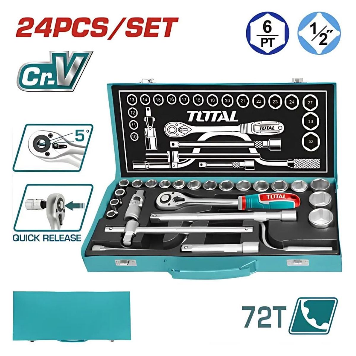 TOTAL TOOLS - Set de Herramientas Ratchet y Dados 1/2″ 24 Piezas THT141253