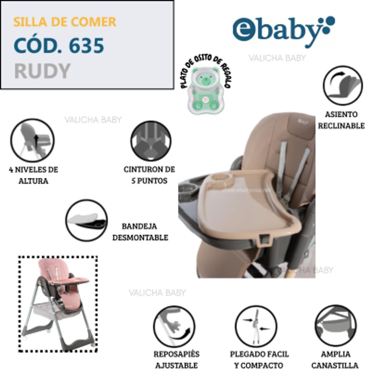 EBABY - SILLA DE COMER GRADUABLE RUDI - BEIGE