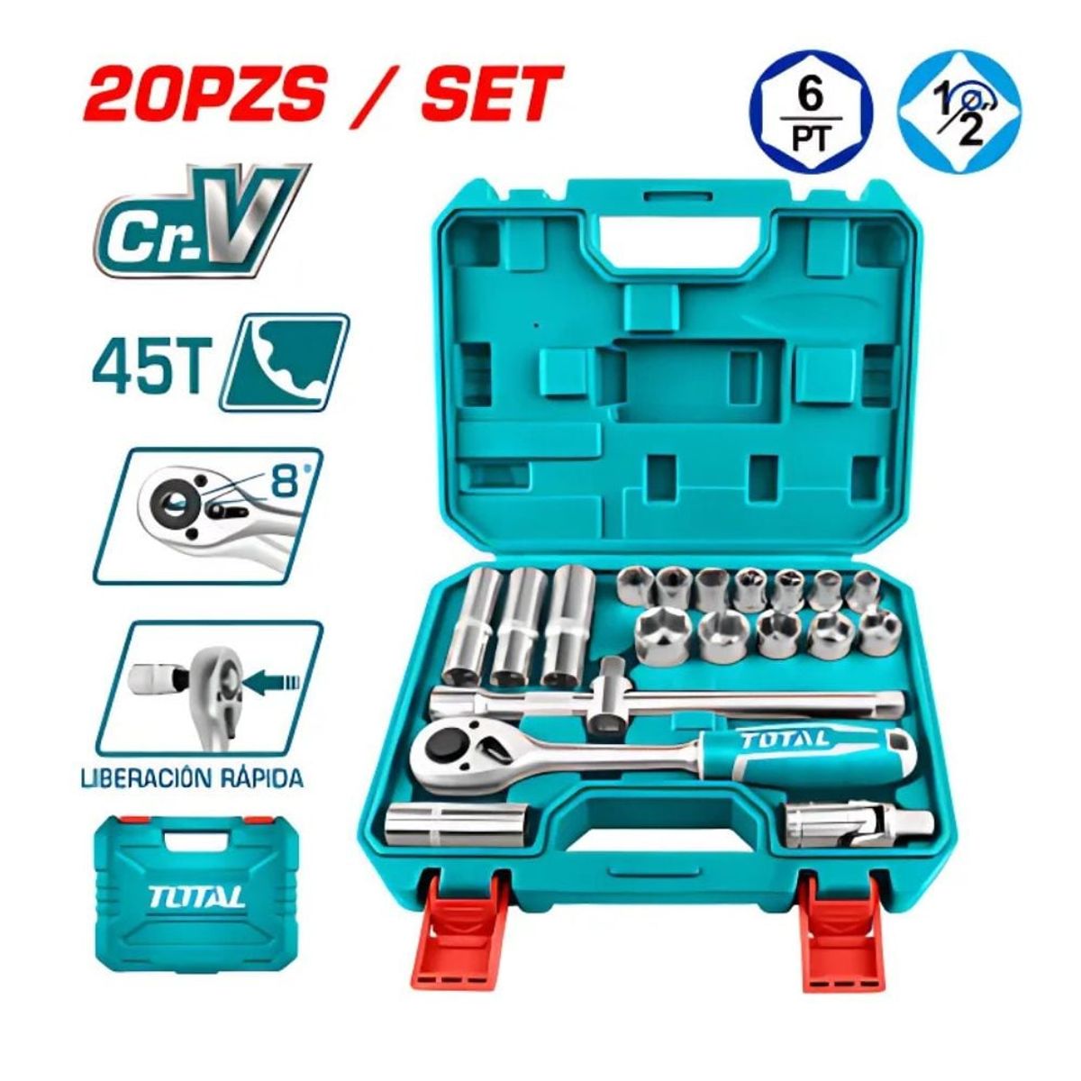 TOTAL TOOLS - SET RACHET 12′ + SCOKET50BV30 20PCS MALETIN BCM INDUSTRIAL