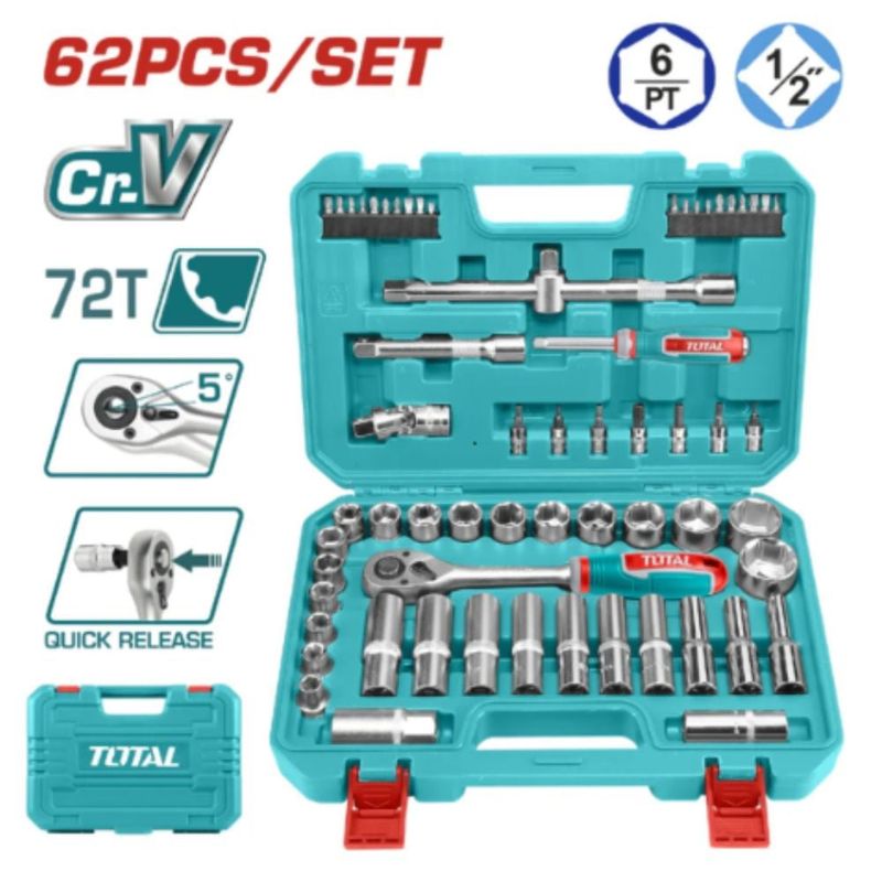 TOTAL TOOLS - Set Juego Dados Cuadrante 1/2 Pulgada 62 Pcs Total THT121602