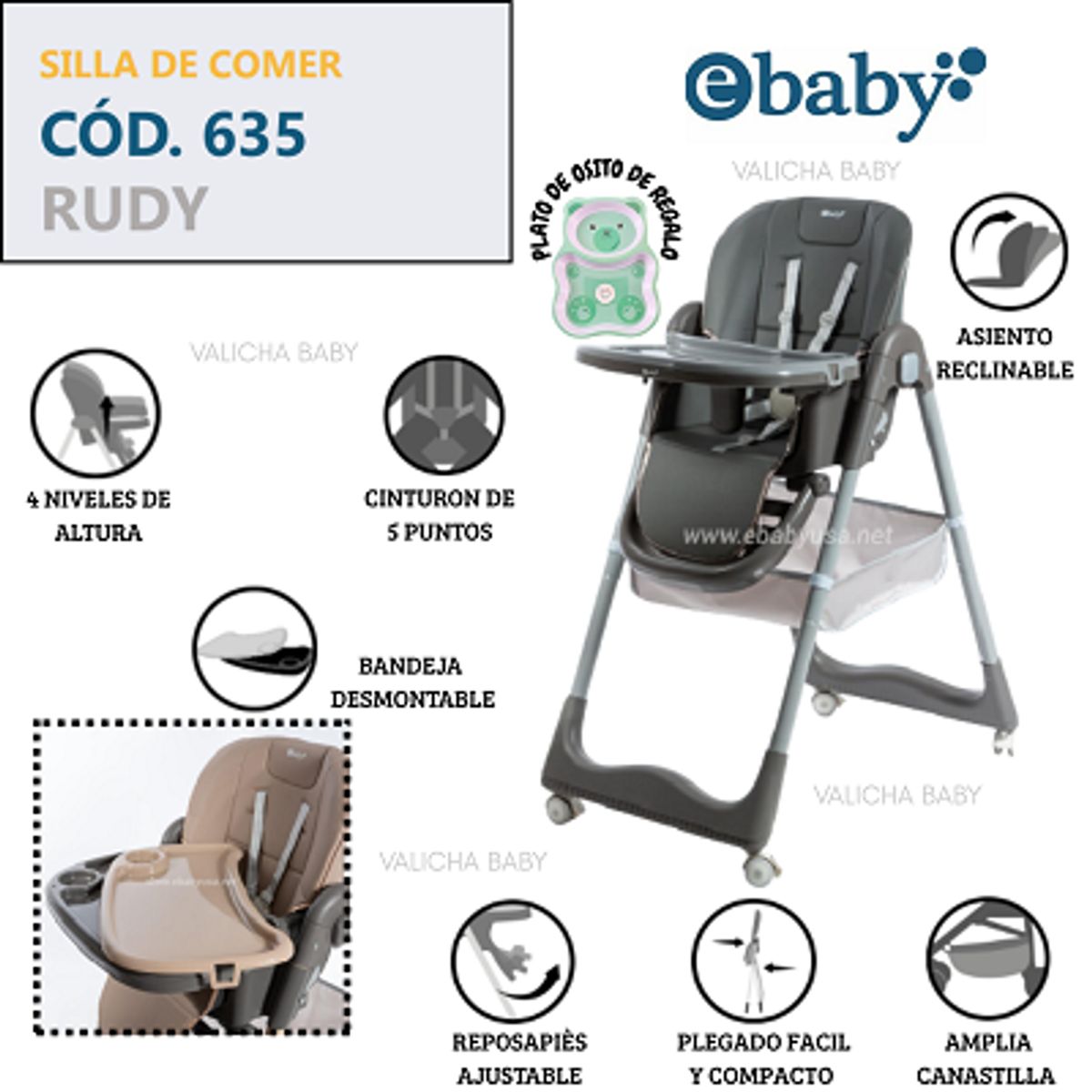 EBABY - SILLA DE COMER GRADUABLE RUDI - GRIS