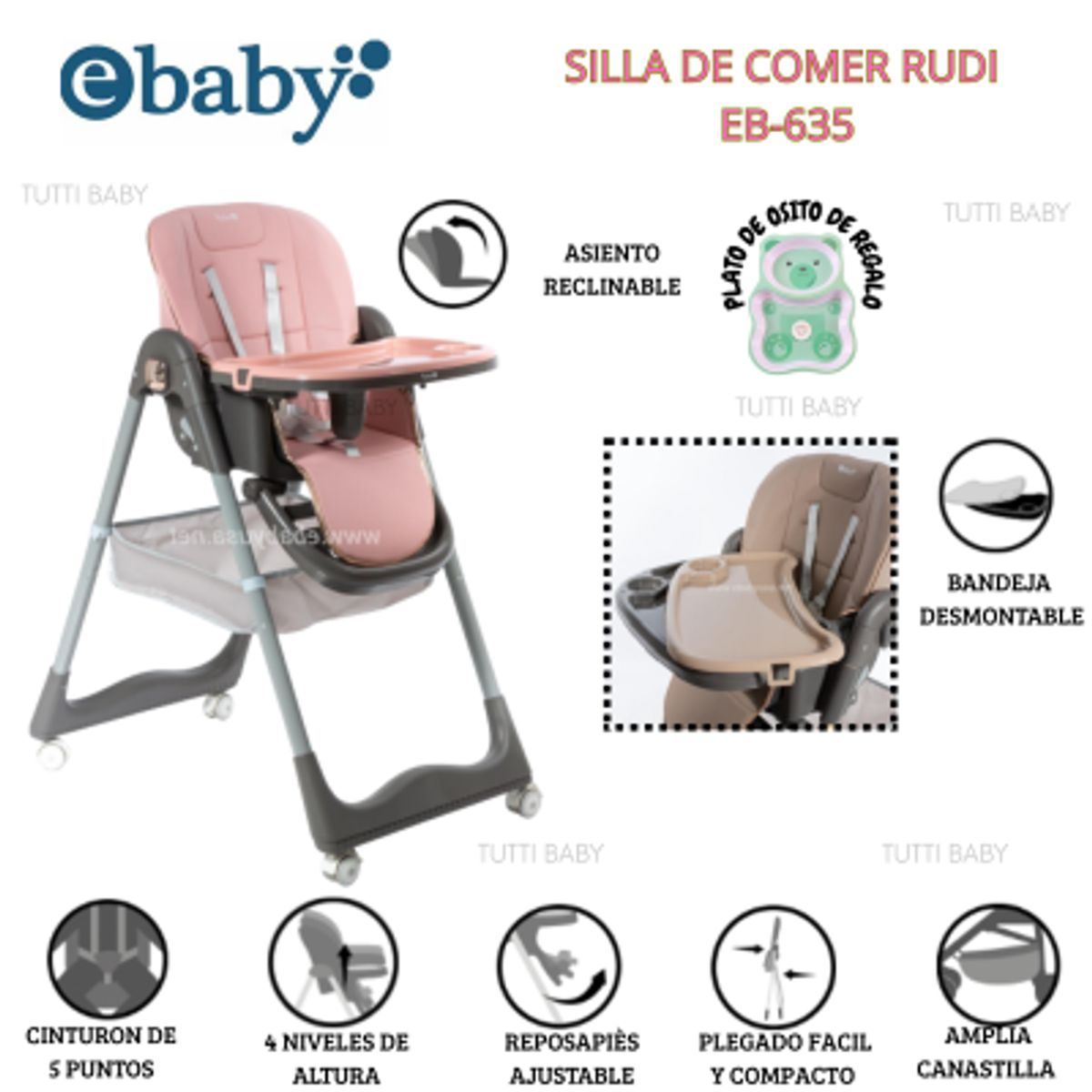 EBABY - SILLA DE COMER GRADUABLE RUDI - ROSADO