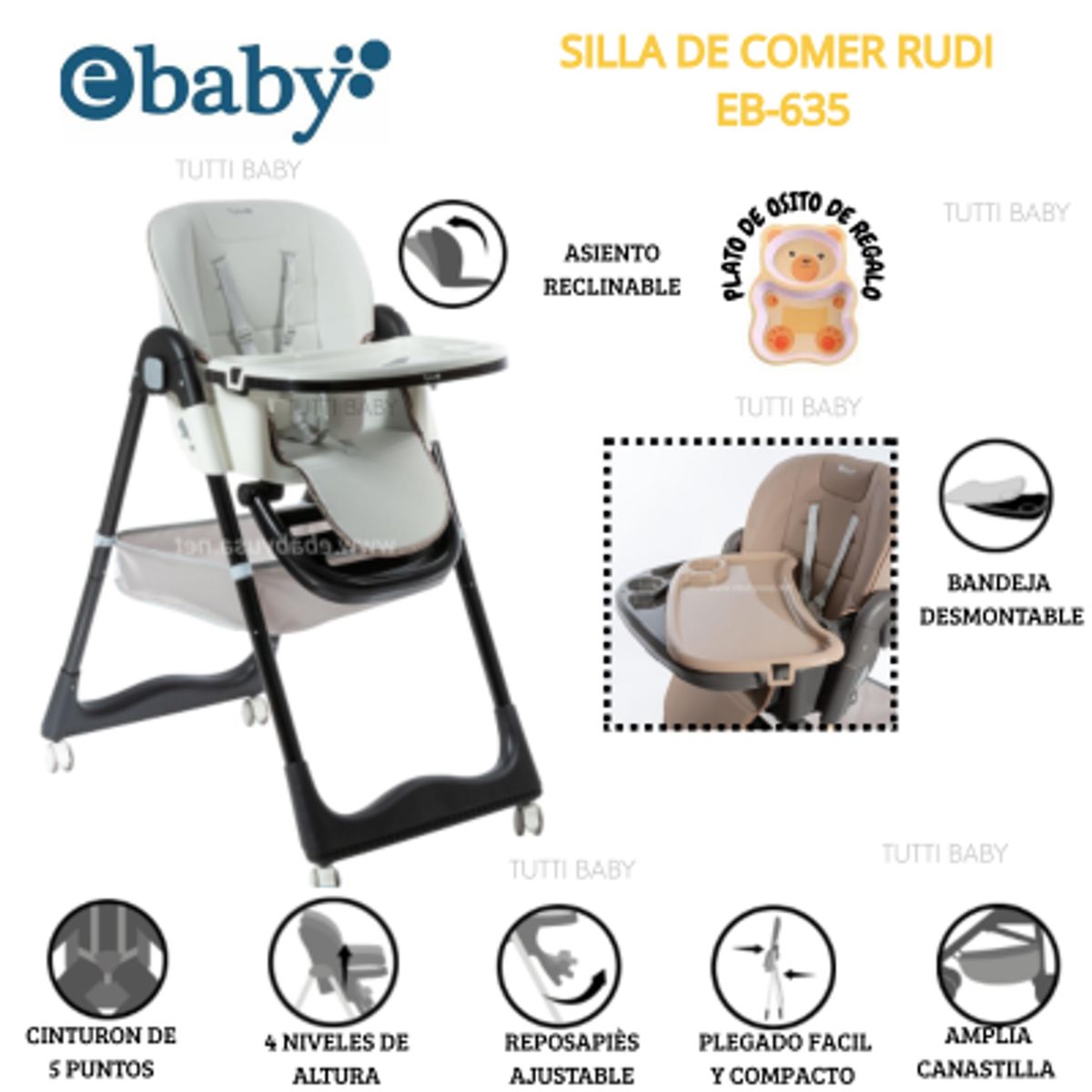 EBABY - SILLA DE COMER GRADUABLE RUDI - BLANCO