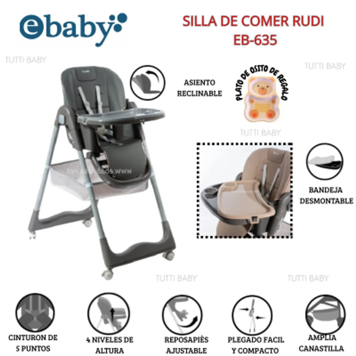 EBABY - SILLA DE COMER GRADUABLE RUDI - GRIS