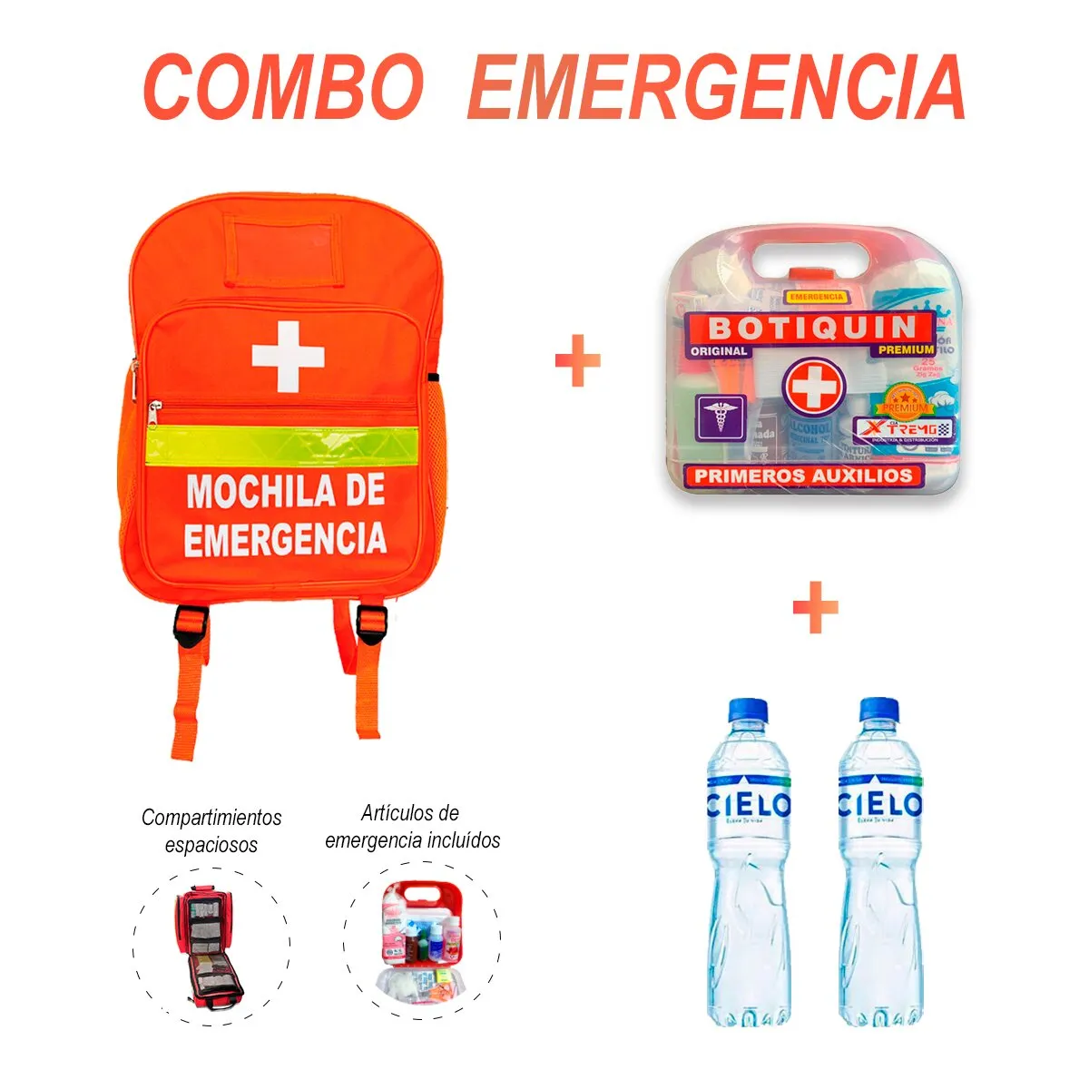 GENERICO - Mochila de Emergencia con Botiquín y 2 Botellas de Agua 500 ml - Naranja