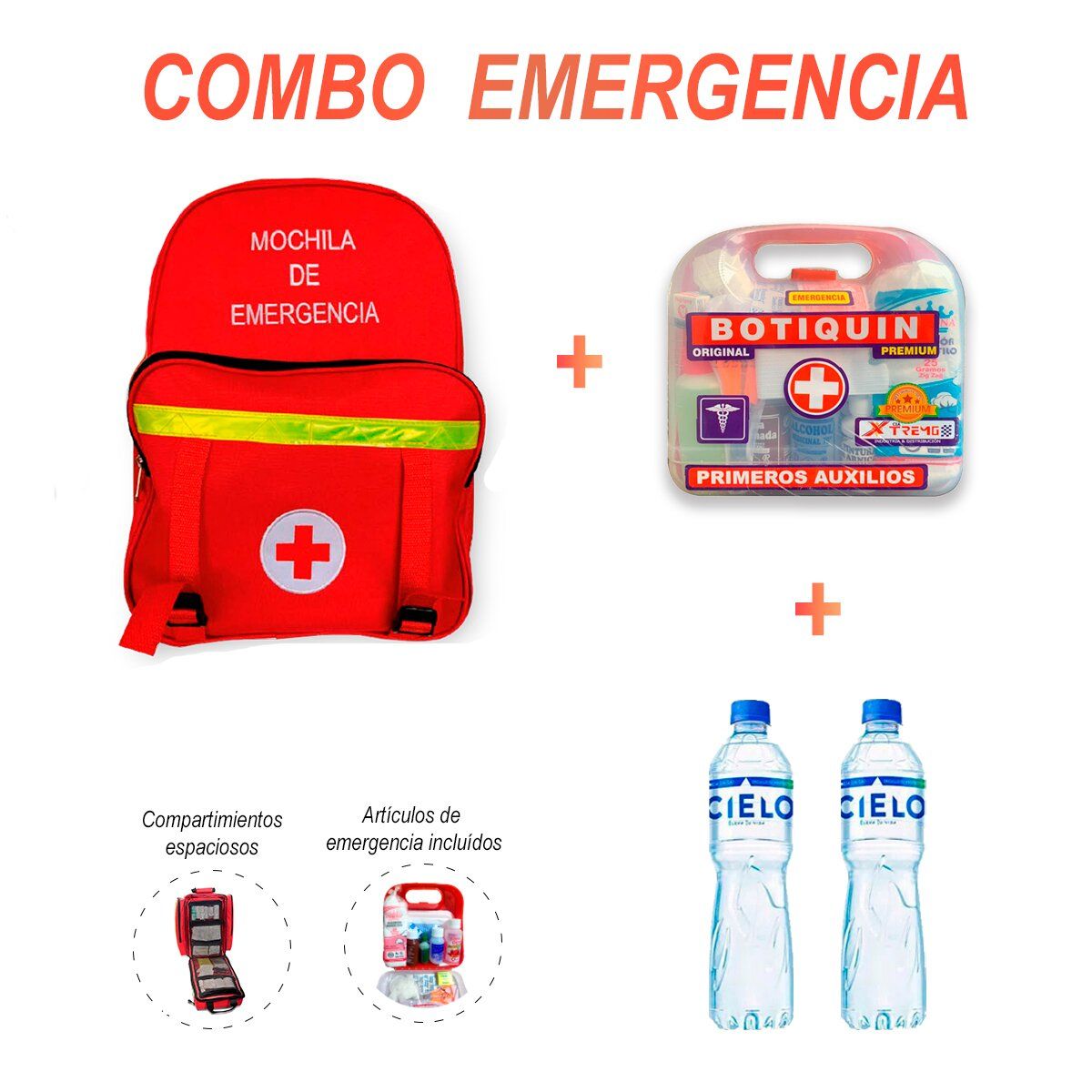 GENERICO - Mochila de Emergencia con Botiquín y 2 Botellas de Agua 500 ml - Roja