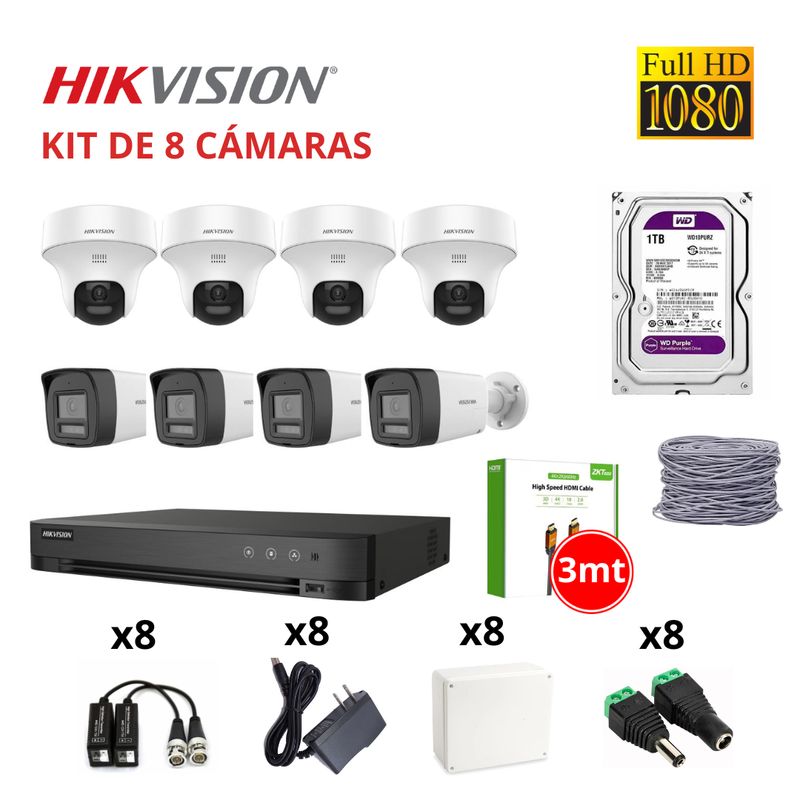 HIKVISION - KIT 8 CÁMARAS DE SEGURIDAD FULL HD C/ AUDIO BID + DISCO 1TB PURPURA