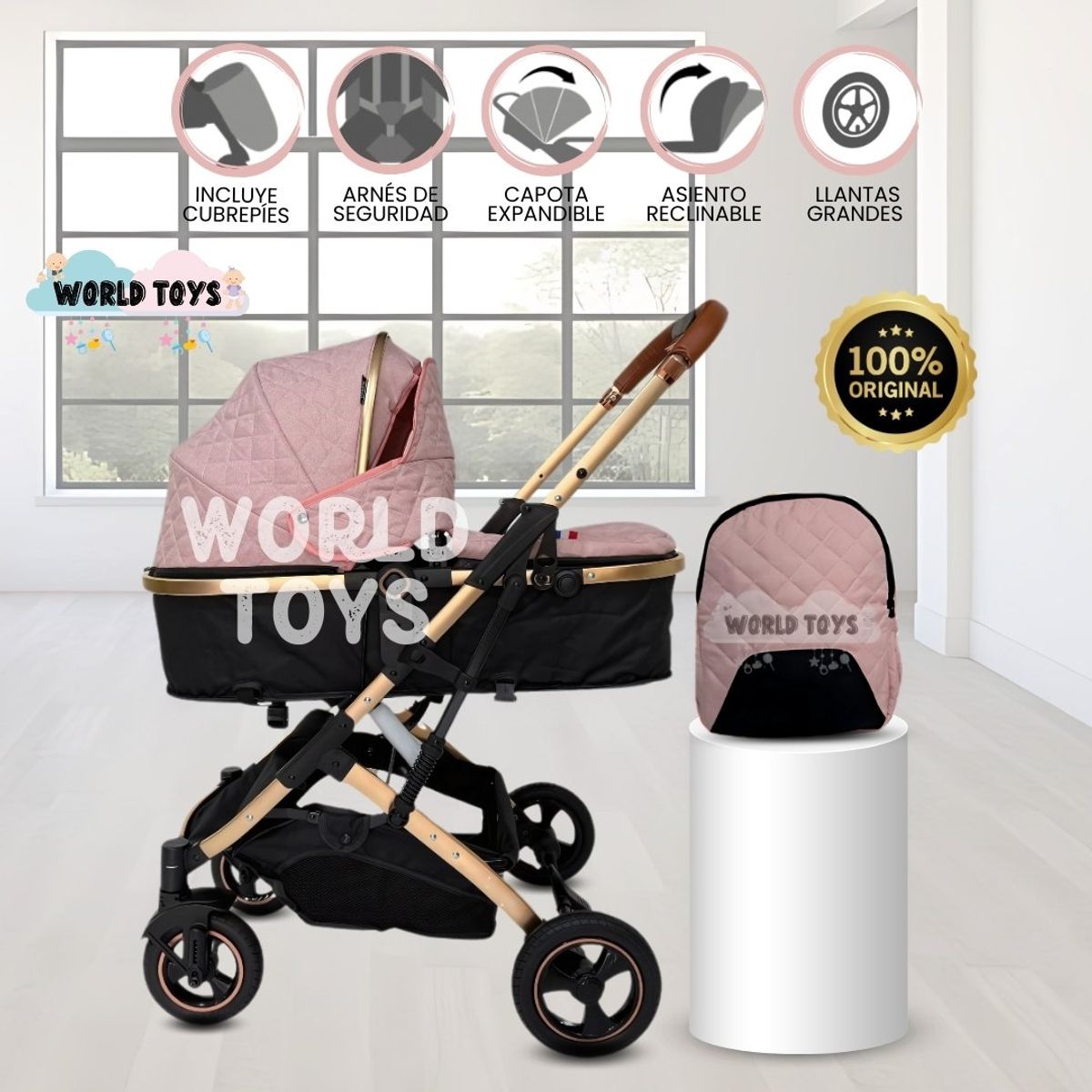 BABY - Coche Moisés de Lujo con Mochila Pañalera «GOLDEN II» Pink