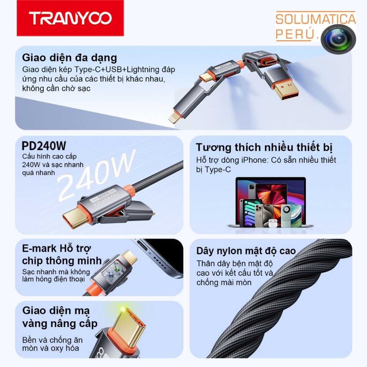 TRANYOO - Cable USB 4en1 240w - Tipo C y Lightning 120cm - Tranyoo