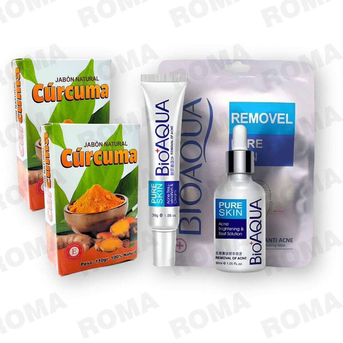BIOAQUA - KIT 2 JABÓNES CÚRCUMA + CREMA MASCARILLA Y SERUM ANTIACNÉ BIOAQUA