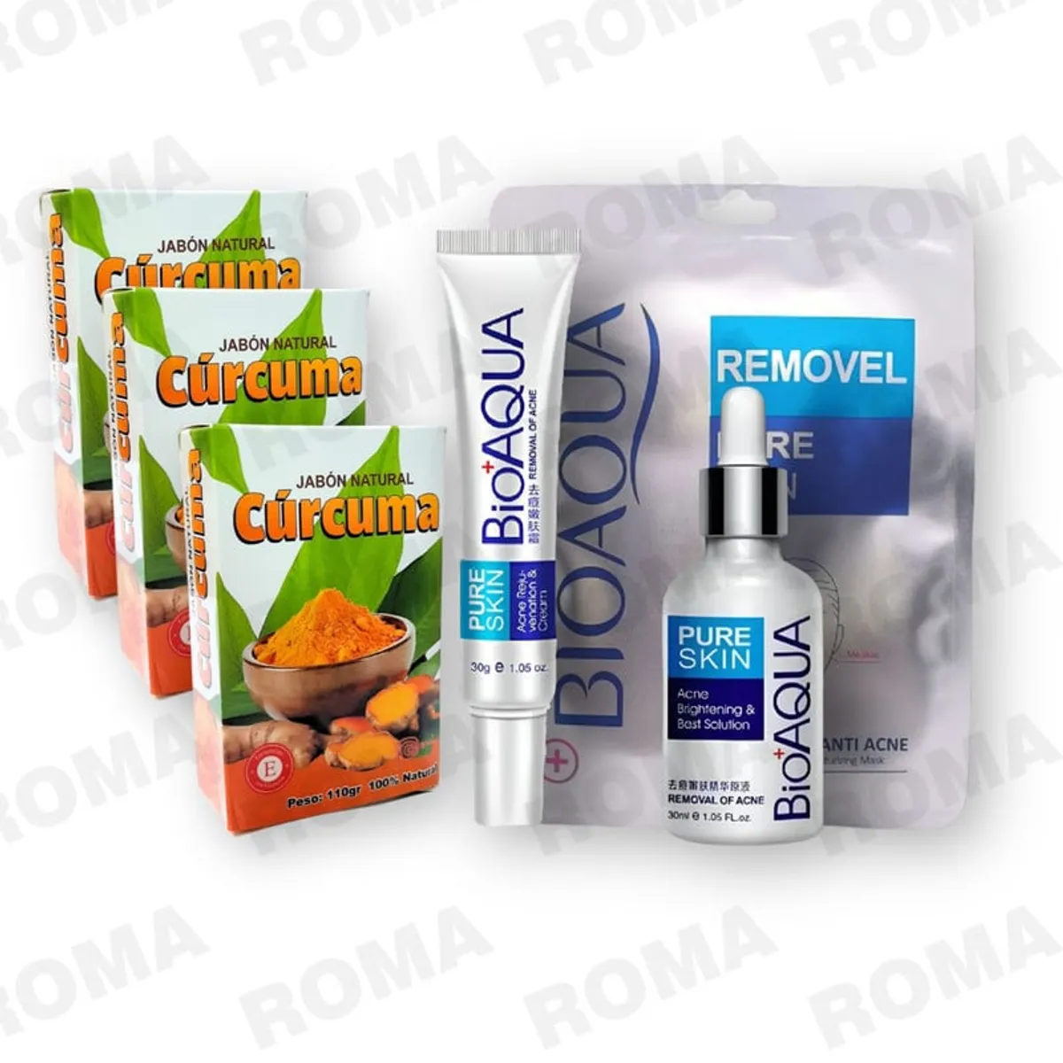BIOAQUA - KIT 3 JABÓNES CÚRCUMA + CREMA MASCARILLA Y SERUM ANTIACNÉ BIOAQUA