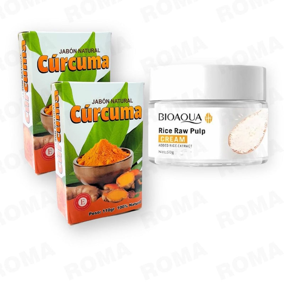 BIOAQUA - PACK 2 JABÓN EN BARRA DE CÚRCUMA 110G + CREMA ACLARANTE DE ARROZ BIOAQUA 50G