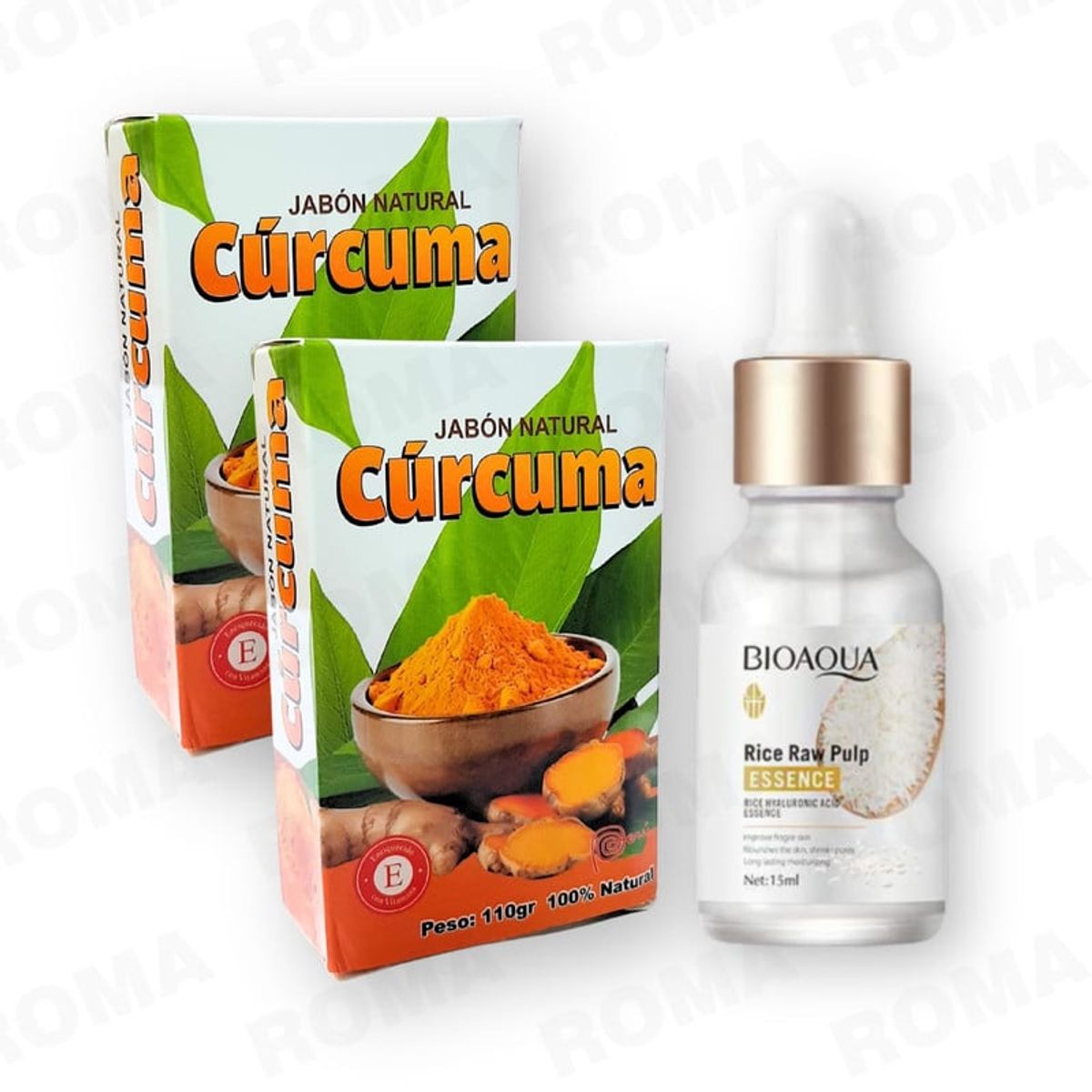 BIOAQUA - PACK 2 JABÓN EN BARRA DE CÚRCUMA 110G + SERUM DE ARROZ CON ÁH BIOAQUA 15ML
