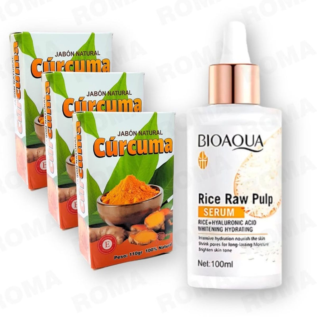 BIOAQUA - PACK 3 JABÓN EN BARRA DE CÚRCUMA 110G + SERUM DE ARROZ CON ÁH BIOAQUA 100ML