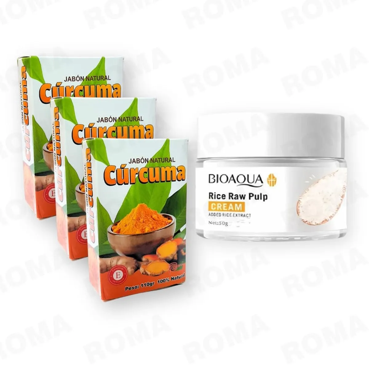 BIOAQUA - PACK 3 JABÓN EN BARRA DE CÚRCUMA 110G + CREMA ACLARANTE DE ARROZ BIOAQUA 50G