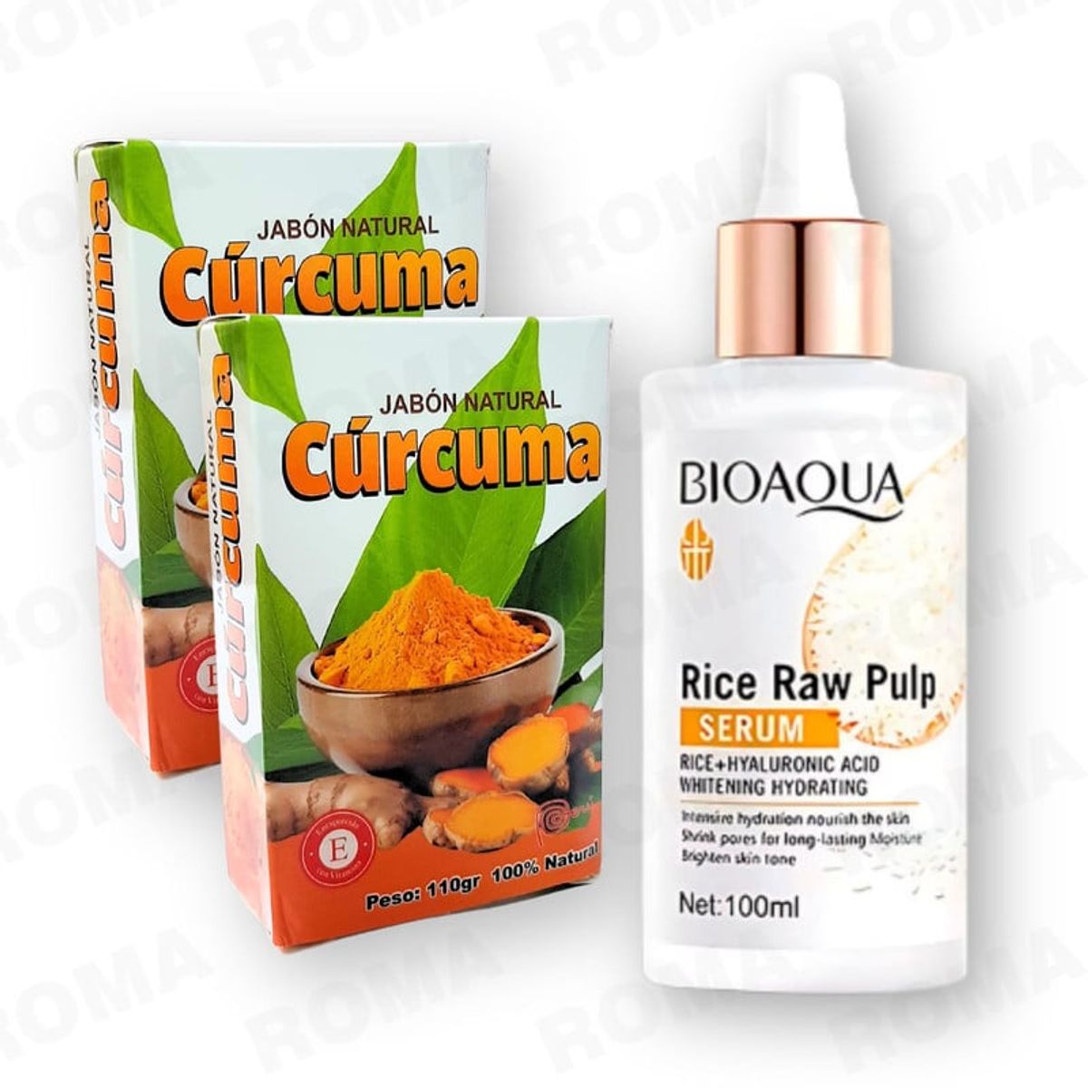 BIOAQUA - PACK 2 JABÓN EN BARRA DE CÚRCUMA 110G + SERUM DE ARROZ CON ÁH BIOAQUA 100ML