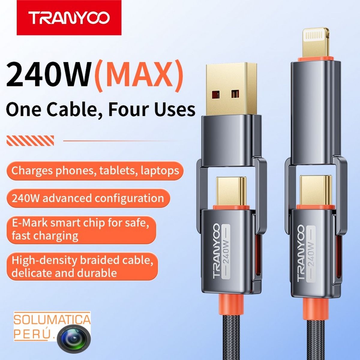 TRANYOO - Cable USB 4en1 240w - Tipo C y Lightning 120cm - Tranyoo